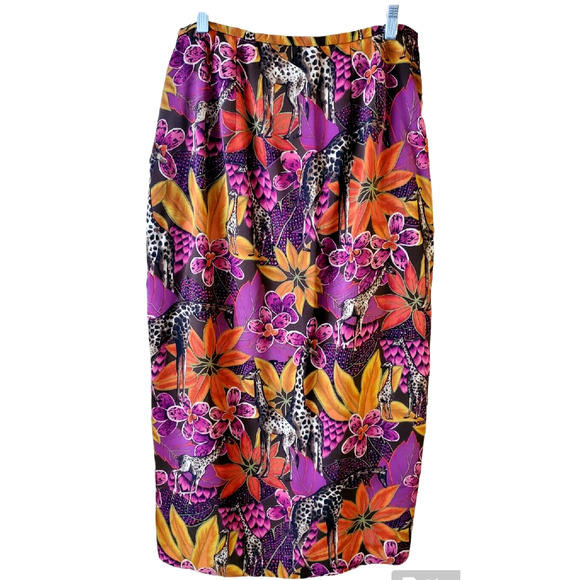Sharon Young Bright Floral & Giraffe Print Silky Polyester Maxi Skirt Sz 14 - Picture 1 of 3
